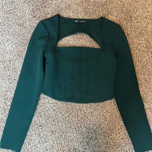 Zara Dark Green Long-Sleeve Cutout Crop Top